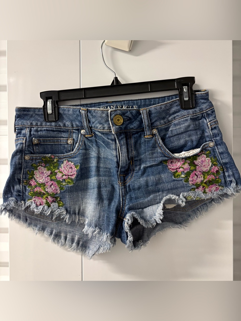 American Eagle Outfitters Blue Denim Floral Embroidered Cutoff Shorts